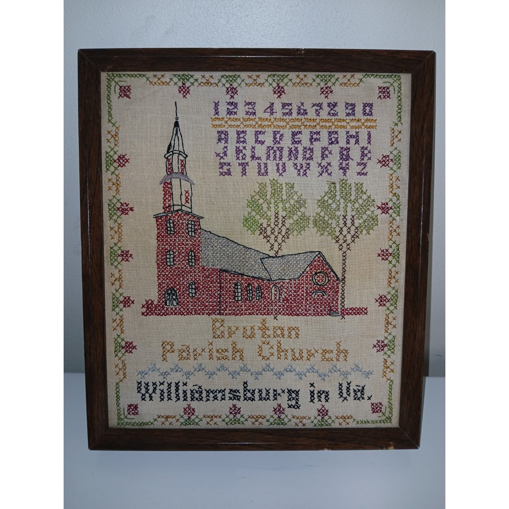 Vintage Bruton Parish Church Williamsburg VA Framed Cross Stitch Needlepoint